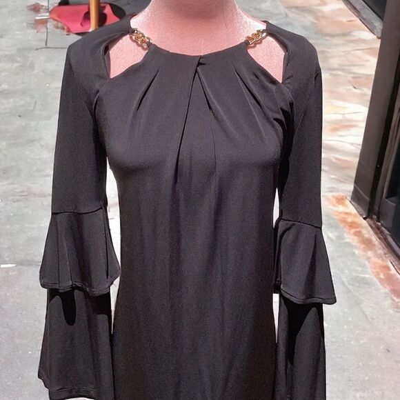 MICHAEL KORS NWT XS BLACK SHIFT DRESS DOUBLE BELL SLEEVES CHAIN DETAIL - Picture 7 of 13